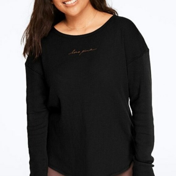 NWT VS Pink Black Waffle Crew Long Sleeve Tee M - Picture 2 of 8